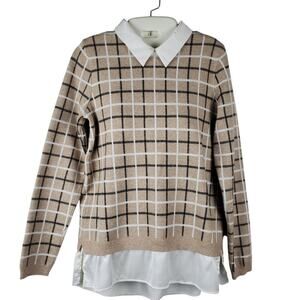Tahari Women’s Long Sleeve Plaid Layered Tan Sweater Size Medium Preppy